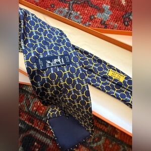 Hermes Paris Belt Chained Horse Bit Blue and Yellow 100% Silk Tie